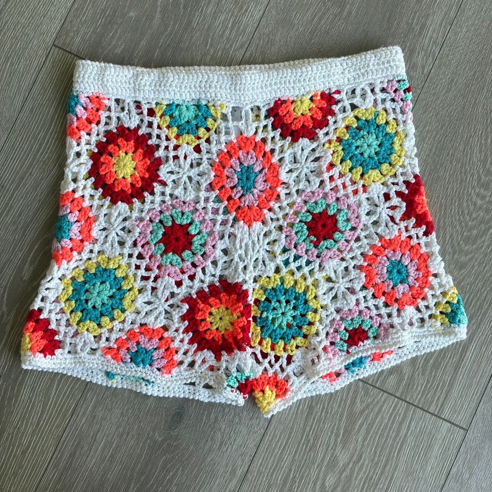 Papaya Crochet Granny Square Shorts Multi Color Boho Festival Beach Size L